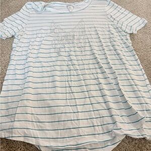 Striped White and Blue T-Shirt with Butterfly Design